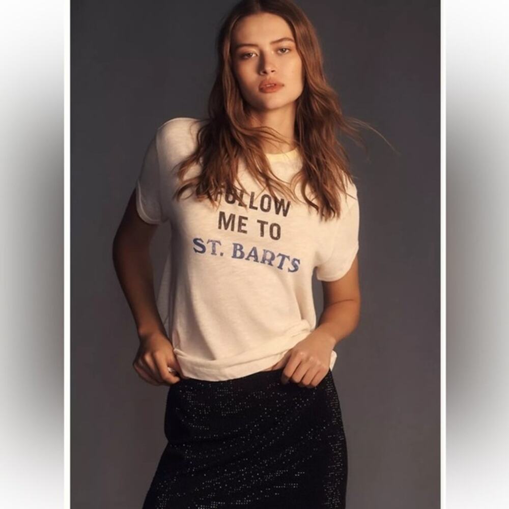 Pilcro T-shirt Graphic Ringer Tee Follow Me To St. Barts Cream Size XXS